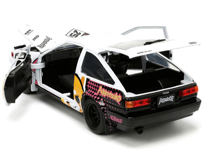 1986 Toyota Trueno (AE86) RHD (Right Hand Drive) #25 White with Graphics and Aggretsuko Diecast Figure "Aggretsuko" "Anime Hollywood Rides" Series 1/24 Diecast Model Car by Jada by Jada