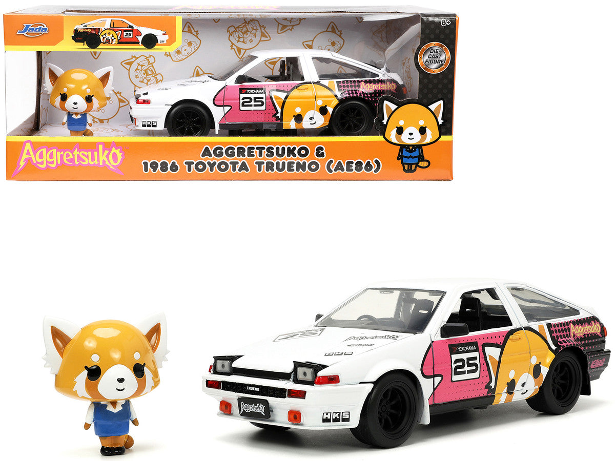 1986 Toyota Trueno (AE86) RHD (Right Hand Drive) #25 White with Graphics and Aggretsuko Diecast Figure "Aggretsuko" "Anime Hollywood Rides" Series 1/24 Diecast Model Car by Jada by Jada