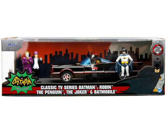 1966 Classic Batmobile with Diecast Batman The Joker The Penguin and Plastic Robin Sitting Inside The Car "Batman" TV Series (1966) "Hollywood Rides" Series 1/24 Diecast Model Car by Jada by Jada