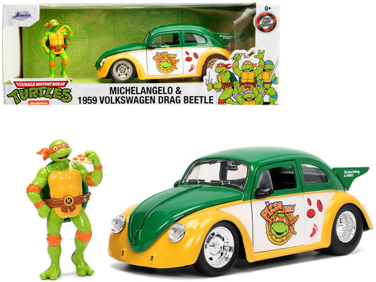 1959 Volkswagen Drag Beetle Green and Yellow and Michelangelo Diecast Figure "Teenage Mutant Ninja Turtles" "Hollywood Rides" Series 1/24 Diecast Model Car by Jada by Jada