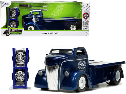 1947 Ford COE Flatbed Truck Dark Blue Metallic with White Top "The Famous Motor Cars" with Extra Wheels "Just Trucks" Series 1/24 Diecast Model by Jada by Jada