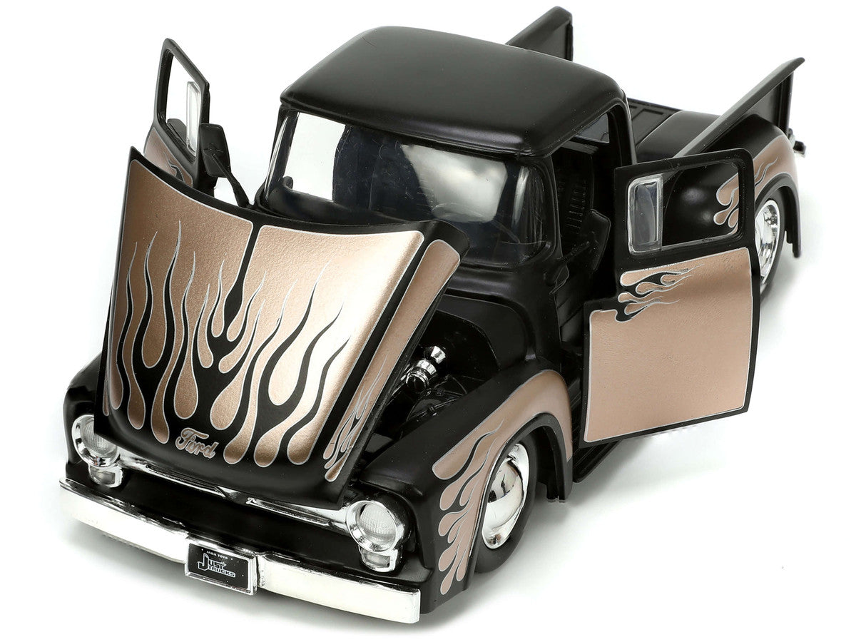 1956 Ford F-100 Pickup Truck Matt Black and Champagne with Flames with Extra Wheels "Just Trucks" Series 1/24 Diecast Model Car by Jada by Jada