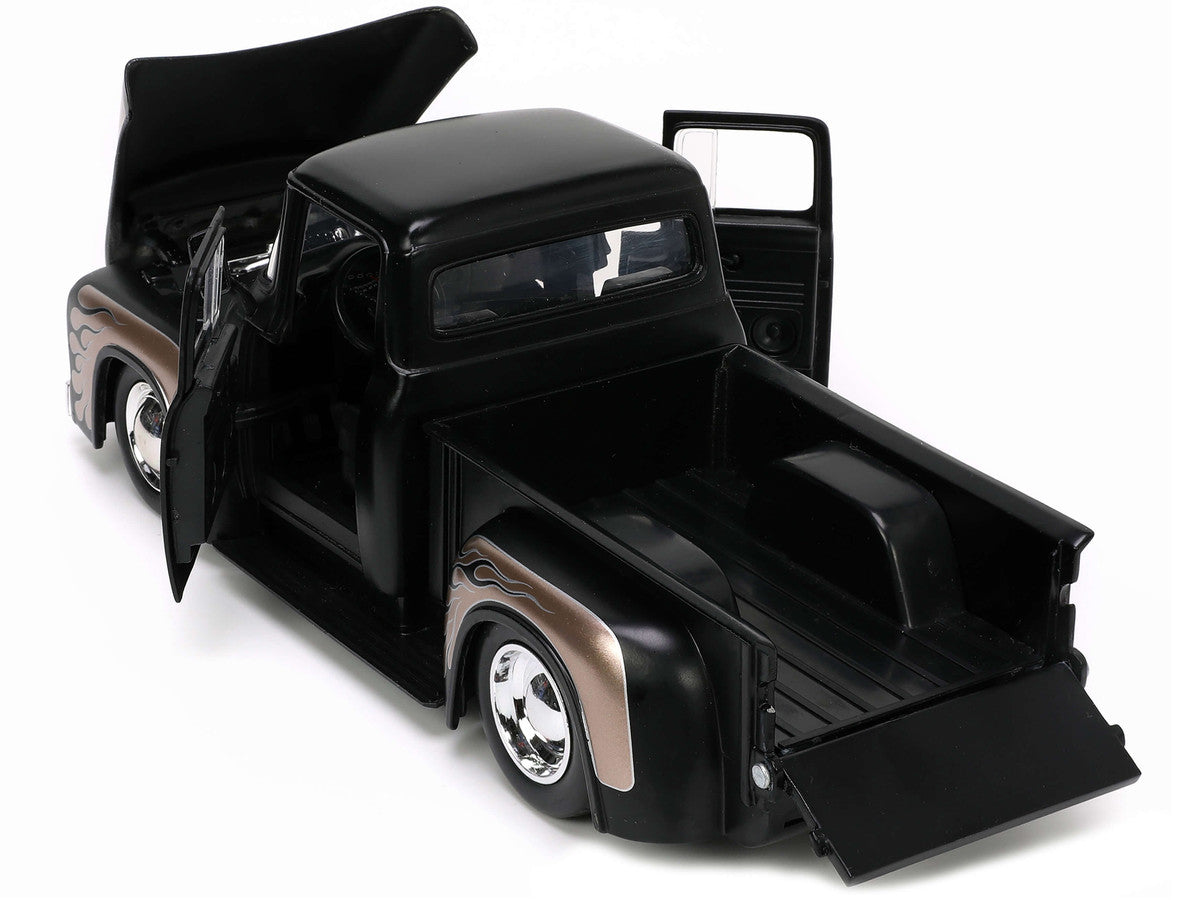 1956 Ford F-100 Pickup Truck Matt Black and Champagne with Flames with Extra Wheels "Just Trucks" Series 1/24 Diecast Model Car by Jada by Jada