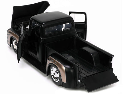 1956 Ford F-100 Pickup Truck Matt Black and Champagne with Flames with Extra Wheels "Just Trucks" Series 1/24 Diecast Model Car by Jada by Jada