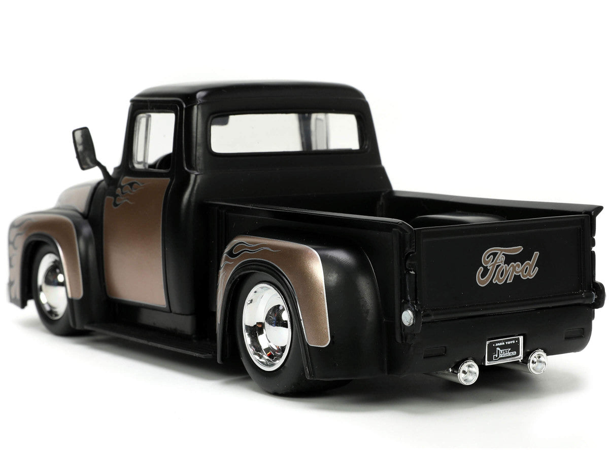 1956 Ford F-100 Pickup Truck Matt Black and Champagne with Flames with Extra Wheels "Just Trucks" Series 1/24 Diecast Model Car by Jada by Jada