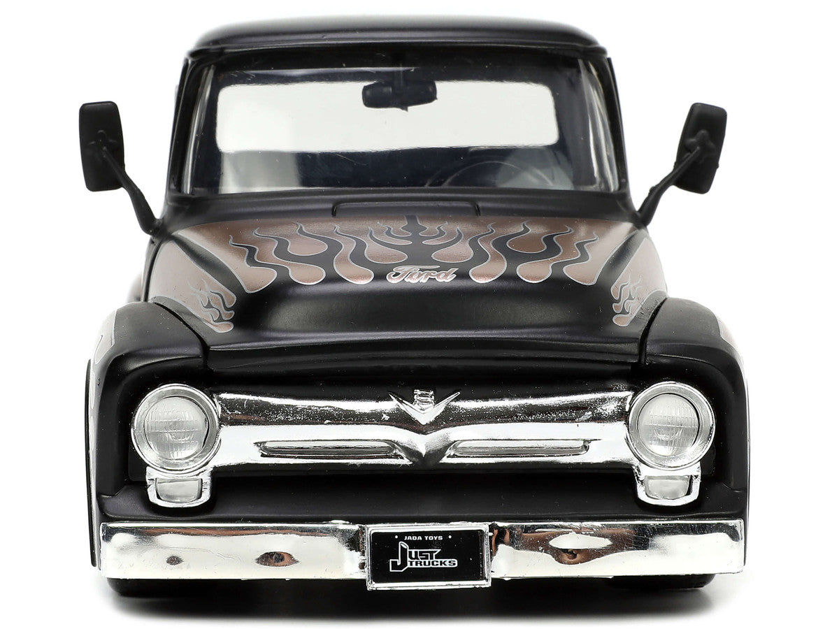 1956 Ford F-100 Pickup Truck Matt Black and Champagne with Flames with Extra Wheels "Just Trucks" Series 1/24 Diecast Model Car by Jada by Jada