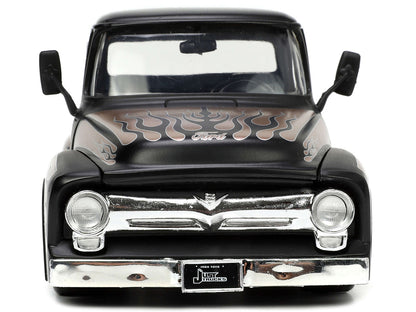 1956 Ford F-100 Pickup Truck Matt Black and Champagne with Flames with Extra Wheels "Just Trucks" Series 1/24 Diecast Model Car by Jada by Jada