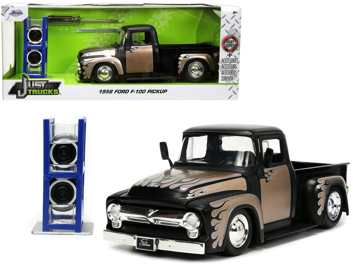 1956 Ford F-100 Pickup Truck Matt Black and Champagne with Flames with Extra Wheels "Just Trucks" Series 1/24 Diecast Model Car by Jada by Jada