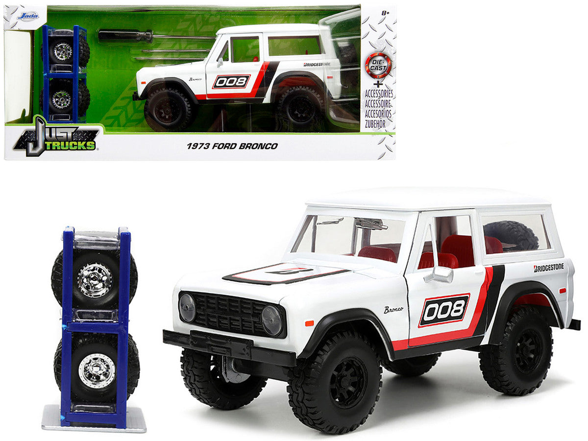 1973 Ford Bronco #008 White with Red and Black Stripes and Red Interior with Extra Wheels "Just Trucks" Series 1/24 Diecast Model Car by Jada by Jada