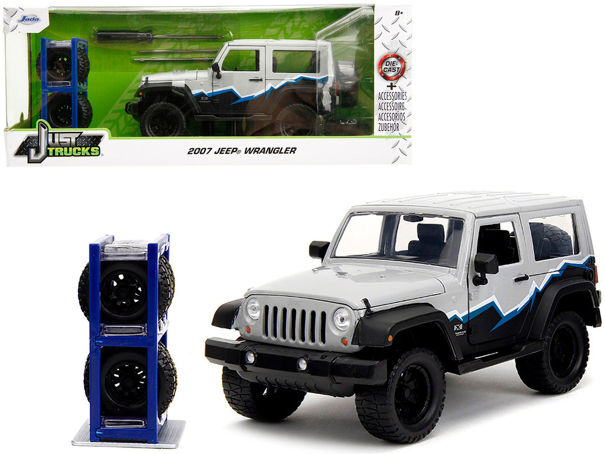2007 Jeep Wrangler Gray and Black with Blue and White Stripes with Extra Wheels "Just Trucks" Series 1/24 Diecast Model Car by Jada by Jada