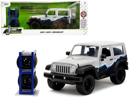 2007 Jeep Wrangler Gray and Black with Blue and White Stripes with Extra Wheels "Just Trucks" Series 1/24 Diecast Model Car by Jada by Jada
