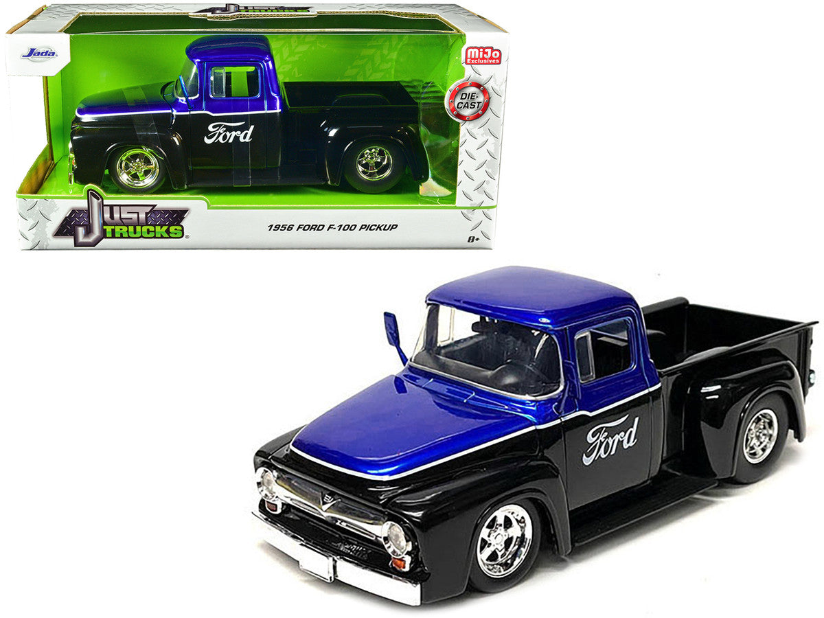 1956 Ford F-100 Pickup Truck Black and Blue Metallic with Ford Graphics "Just Trucks" Series 1/24 Diecast Model Car by Jada by Jada