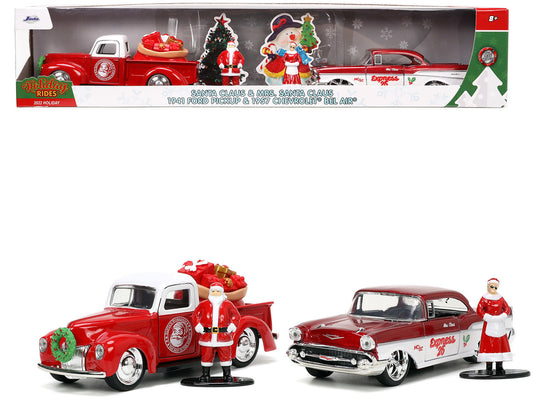 1941 Ford Pickup Truck Red and White "Santa's Workshop" and 1957 Chevrolet Bel Air Red Metallic and White "Express 25" with Mr. and Mrs. Santa Claus Diecast Figures "Holiday Rides" Series 1/32 Diecast Model Cars by Jada by Jada