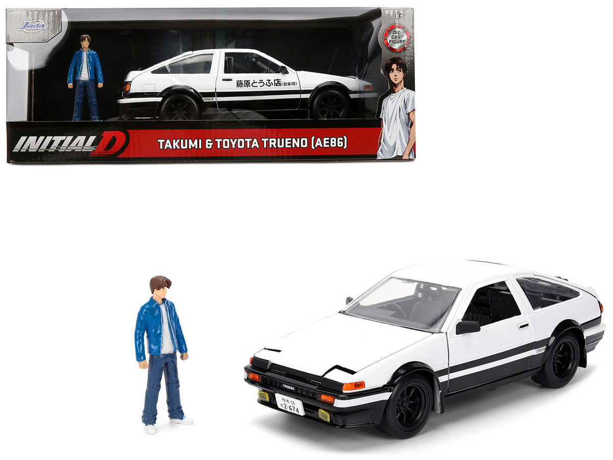 Toyota Trueno (AE86) RHD (Right Hand Drive) White and Black with Graphics and Takumi Diecast Figure "Initial D" (1998-2021) TV Series "Anime Hollywood Rides" Series 1/24 Diecast Model by Jada by Jada