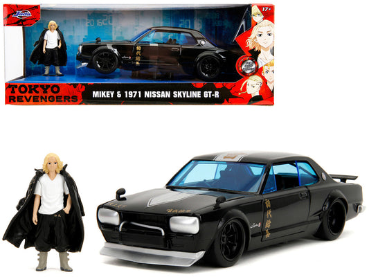 1971 Nissan Skyline GT-R RHD (Right Hand Drive) Black with Silver Stripe and Mikey Diecast Figure "Tokyo Revengers" (2021) TV Series "Anime Hollywood Rides" Series 1/24 Diecast Model Car by Jada by Jada