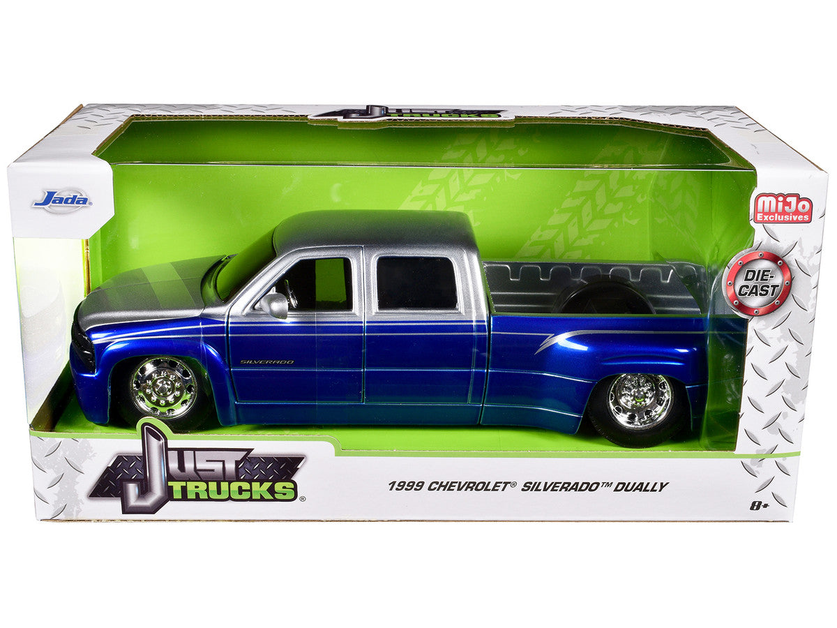 1999 Chevrolet Silverado Dually Pickup Truck Blue Metallic and Silver with Stock Wheels "Just Trucks" Series 1/24 Diecast Model Car by Jada by Jada