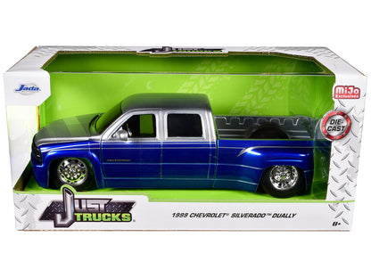 1999 Chevrolet Silverado Dually Pickup Truck Blue Metallic and Silver with Stock Wheels "Just Trucks" Series 1/24 Diecast Model Car by Jada by Jada