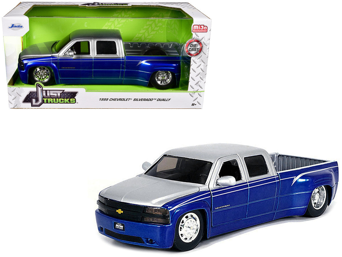 1999 Chevrolet Silverado Dually Pickup Truck Blue Metallic and Silver with Stock Wheels "Just Trucks" Series 1/24 Diecast Model Car by Jada by Jada