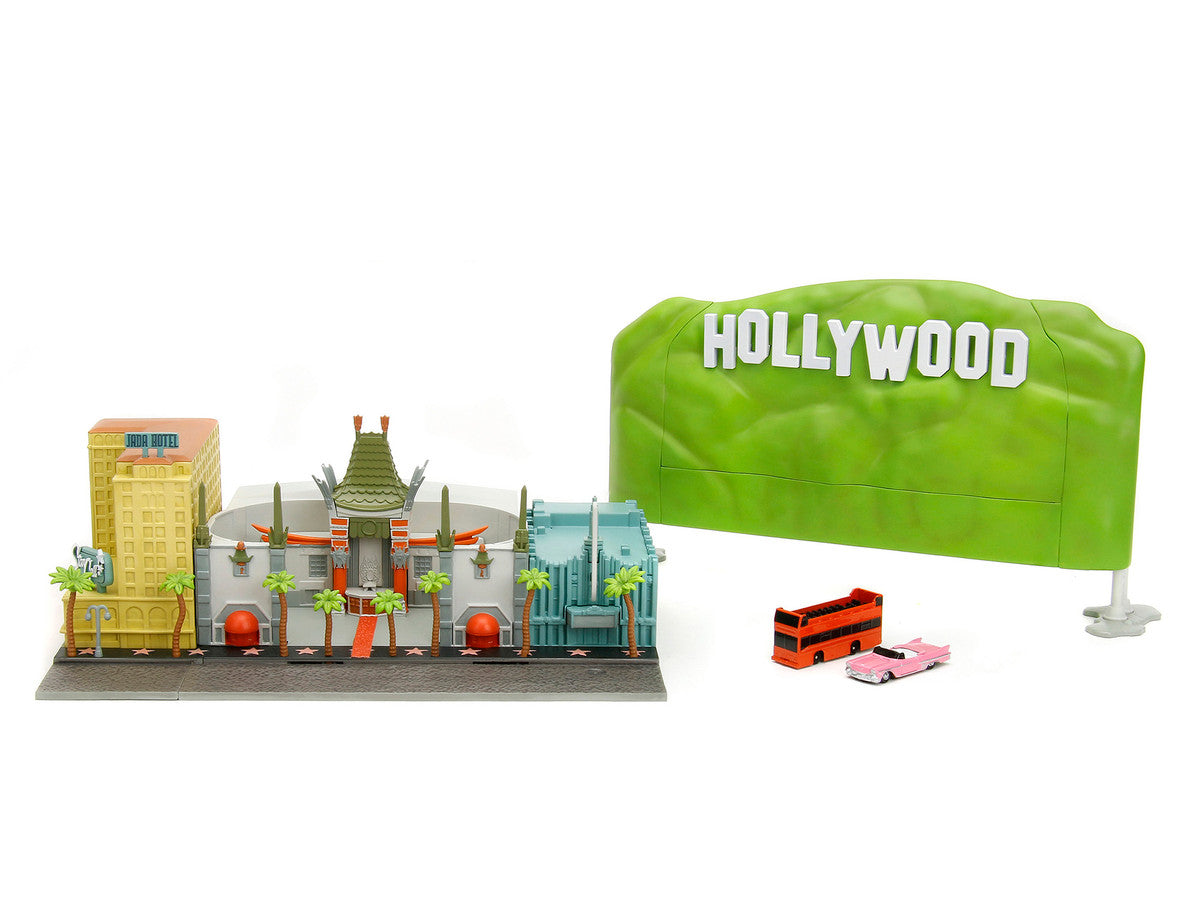 "Hollywood 100" Walk of Fame Diorama with Pink Convertible and Double-Decker Bus "Nano Scene" Series model by Jada by Jada