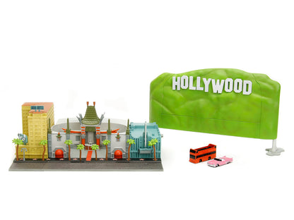 "Hollywood 100" Walk of Fame Diorama with Pink Convertible and Double-Decker Bus "Nano Scene" Series model by Jada by Jada