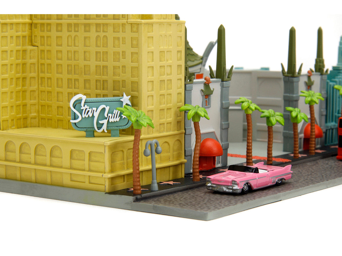 "Hollywood 100" Walk of Fame Diorama with Pink Convertible and Double-Decker Bus "Nano Scene" Series model by Jada by Jada