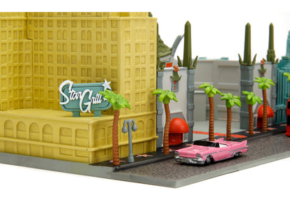 "Hollywood 100" Walk of Fame Diorama with Pink Convertible and Double-Decker Bus "Nano Scene" Series model by Jada by Jada