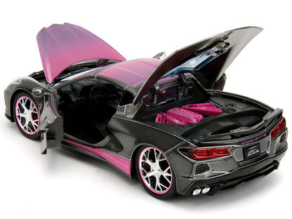 2020 Chevrolet Corvette Stingray Gray Metallic with Pink Carbon Hood and Top "Pink Slips" Series 1/24 Diecast Model Car by Jada by Jada