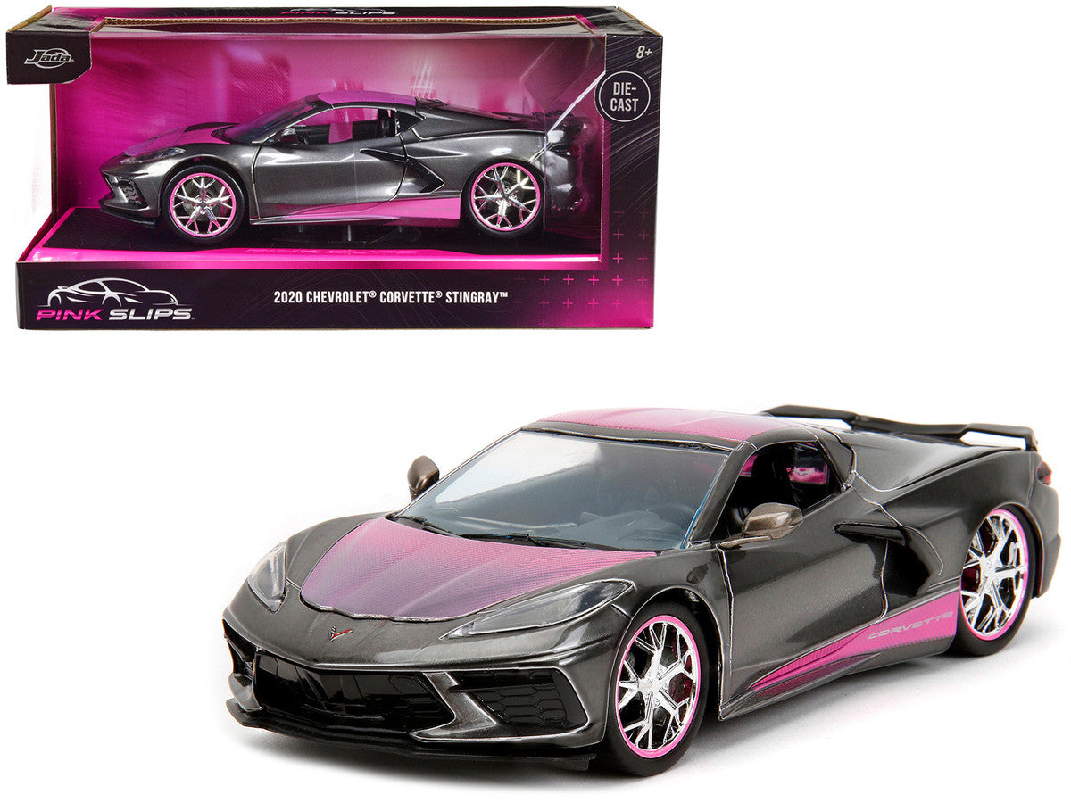 2020 Chevrolet Corvette Stingray Gray Metallic with Pink Carbon Hood and Top "Pink Slips" Series 1/24 Diecast Model Car by Jada by Jada