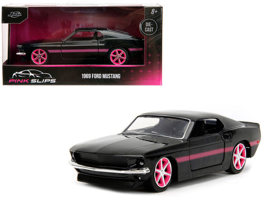 1969 Ford Mustang Black Metallic with Pink Stripes and Wheels "Pink Slips" Series 1/32 Diecast Model Car by Jada by Jada