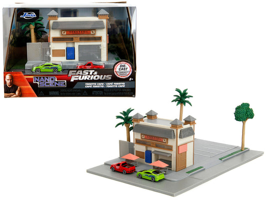 Toretto Cafe Diorama with Mitsubishi Eclipse Green and Ford F-150 SVT Lightning Red "Fast and Furious" "Nano Scene" Series Model by Jada by Alvaya