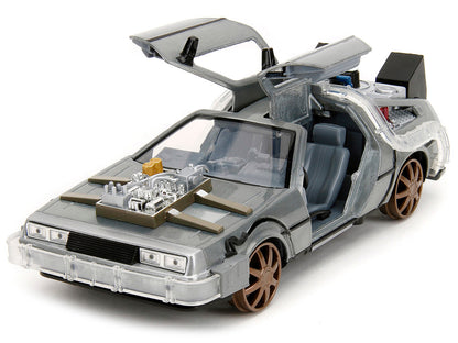 DeLorean Brushed Metal Time Machine (Train Wheel Version) with Lights "Back to the Future Part III" (1990) Movie "Hollywood Rides" Series 1/24 Diecast Model Car by Jada by Jada