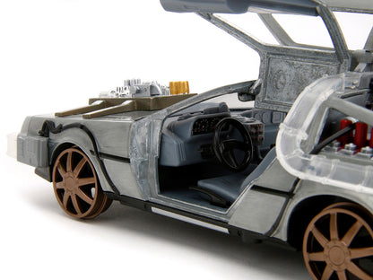 DeLorean Brushed Metal Time Machine (Train Wheel Version) with Lights "Back to the Future Part III" (1990) Movie "Hollywood Rides" Series 1/24 Diecast Model Car by Jada by Jada