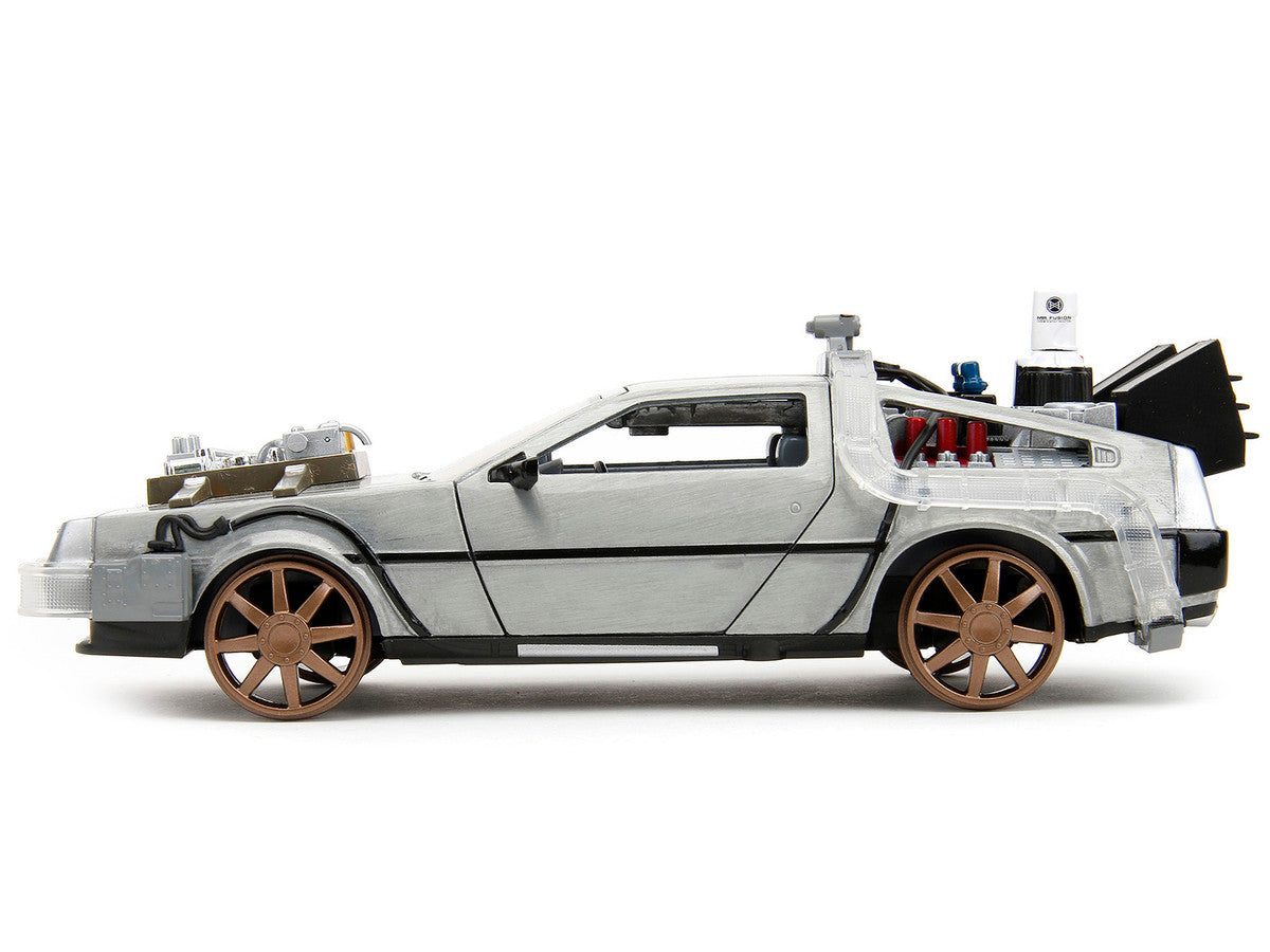 DeLorean Brushed Metal Time Machine (Train Wheel Version) with Lights "Back to the Future Part III" (1990) Movie "Hollywood Rides" Series 1/24 Diecast Model Car by Jada by Jada