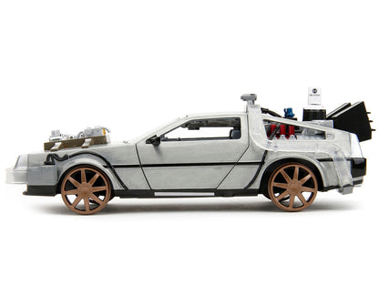 DeLorean Brushed Metal Time Machine (Train Wheel Version) with Lights "Back to the Future Part III" (1990) Movie "Hollywood Rides" Series 1/24 Diecast Model Car by Jada by Jada