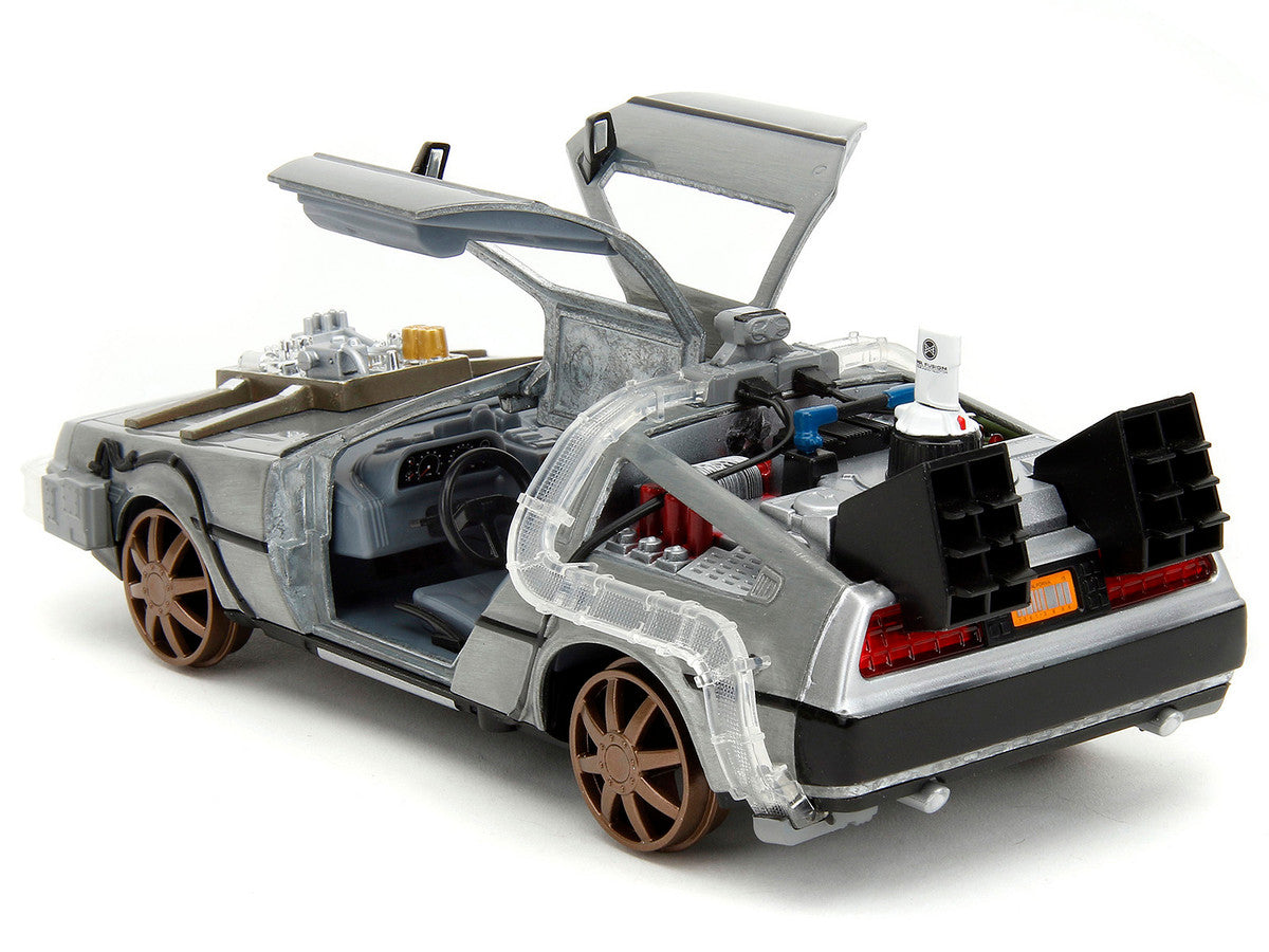 DeLorean Brushed Metal Time Machine (Train Wheel Version) with Lights "Back to the Future Part III" (1990) Movie "Hollywood Rides" Series 1/24 Diecast Model Car by Jada by Jada