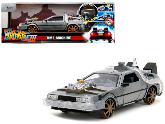 DeLorean Brushed Metal Time Machine (Train Wheel Version) with Lights "Back to the Future Part III" (1990) Movie "Hollywood Rides" Series 1/24 Diecast Model Car by Jada by Jada