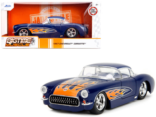 1957 Chevrolet Corvette Dark Blue with Flame Graphics and White Interior "Bigtime Muscle" Series 1/24 Diecast Model Car by Jada by Jada