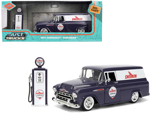 1957 Chevrolet Suburban "Chevron" Dark Blue with White Stripes and Chevron Gas Pump "Just Trucks" Series 1/24 Diecast Model Car by Jada by Jada
