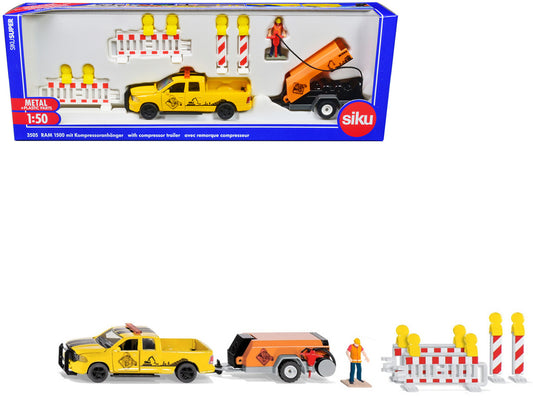 Ram 1500 Pickup Truck Yellow with Compressor Trailer and Worker Figure with Accessories Set 1/50 Diecast Models by Siku by SIKU