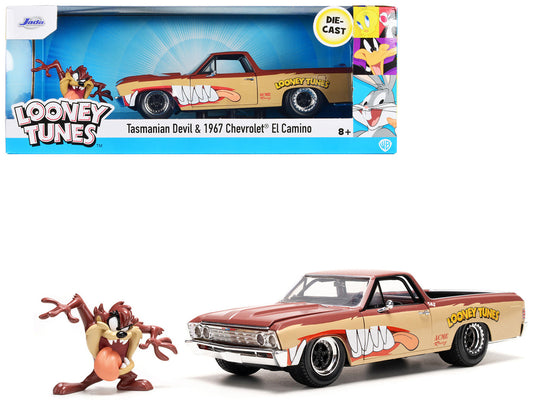 1967 Chevrolet El Camino Brown and Beige with Graphics and Tasmanian Devil (Taz) Diecast Figure "Looney Tunes" "Hollywood Rides" Series 1/24 Diecast Model Car by Jada by Jada