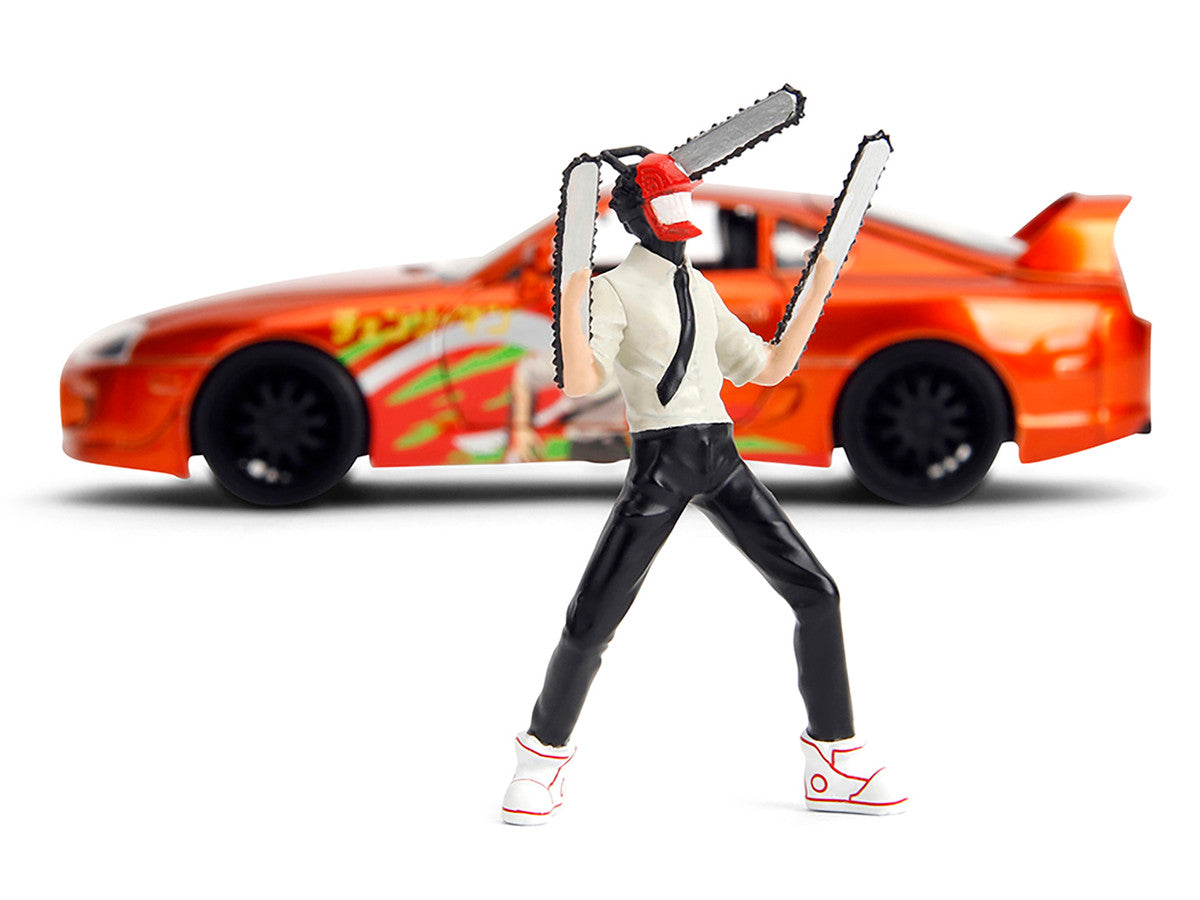 1995 Toyota Supra Orange Metallic with Graphics and Chainsaw Man Diecast Figure "Chainsaw Man" (2022) TV Series "Anime Hollywood Rides" Series 1/24 Diecast Model by Jada by Jada