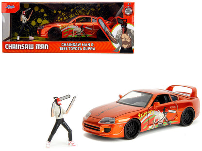 1995 Toyota Supra Orange Metallic with Graphics and Chainsaw Man Diecast Figure "Chainsaw Man" (2022) TV Series "Anime Hollywood Rides" Series 1/24 Diecast Model by Jada by Jada