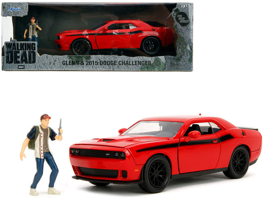 2015 Dodge Challenger Red with Black Stripes and Glenn Diecast Figure "The Walking Dead" (2010-2022) TV Series "Hollywood Rides" Series 1/24 Diecast Model Car by Jada by Jada