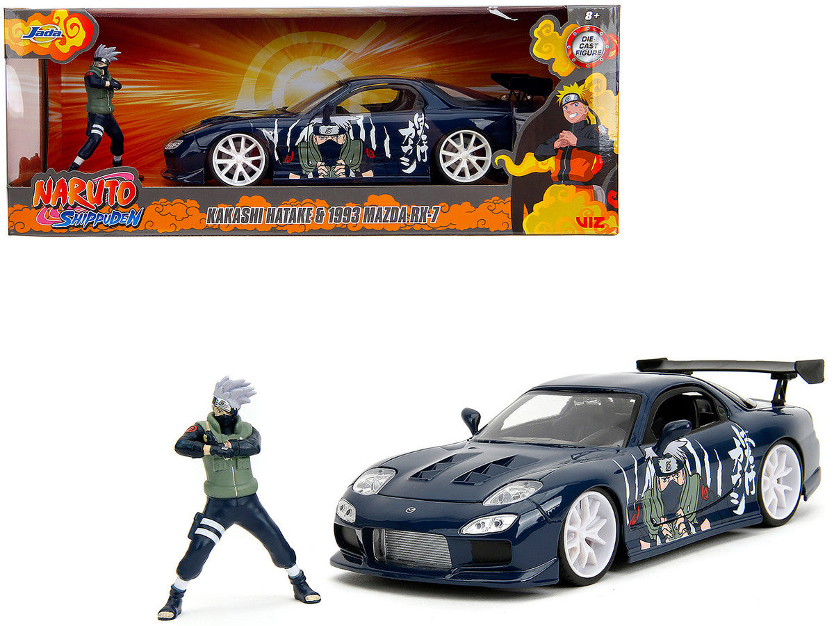 1993 Mazda RX-7 Dark Blue with Graphics and Kakashi Hatake Diecast Figure "Naruto Shippuden" (2009-2017) TV Series "Anime Hollywood Rides" Series 1/24 Diecast Model Car by Jada by Jada