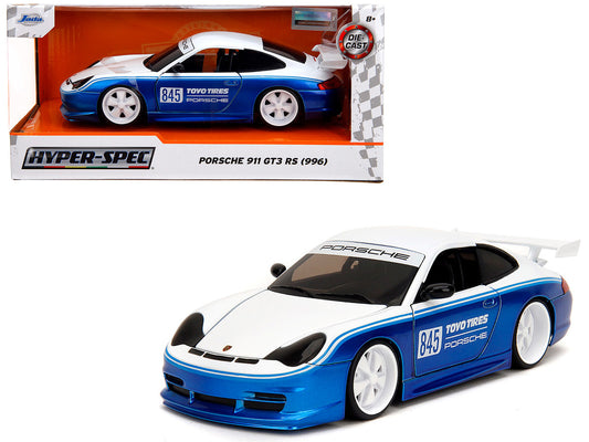 Porsche 911 GT3 RS (996) #845 White and Blue Metallic "Toyo Tires" "Hyper-Spec" Series 1/24 Diecast Model Car by Jada by Jada