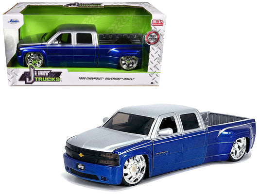 1999 Chevrolet Silverado Dually Pickup Truck Blue Metallic and Silver with Custom KMC Wheels "Just Trucks" Series 1/24 Diecast Model Car by Jada by Jada