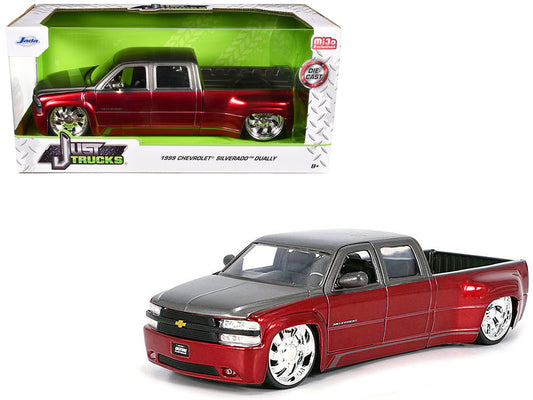 1999 Chevrolet Silverado Dually Pickup Truck Red Metallic and Gray with Custom KMC Wheels "Just Trucks" Series 1/24 Diecast Model Car by Jada by Jada