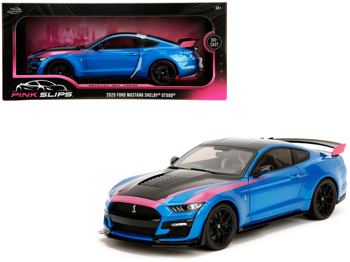 Ford Mustang Shelby GT500 Blue Metallic with Pink Stripes and Black Hood and Top "Pink Slips" Series 1/18 Diecast Model Car by Jada by Jada