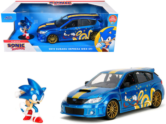 2012 Subaru Impreza WRX STI Blue Metallic with Graphics and Sonic The Hedgehog Diecast Figure "Sonic The Hedgehog" "Hollywood Rides" Series 1/24 Diecast Model Car by Jada by Jada