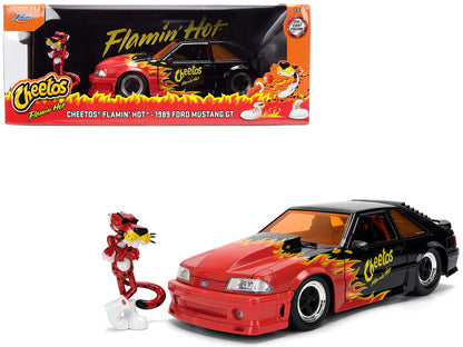 1989 Ford Mustang GT Black with Red Flame Graphics and Chester Cheetah Diecast Figure "Cheetos Flamin' Hot" "Hollywood Rides" Series 1/24 Diecast Model Car by Jada by Jada
